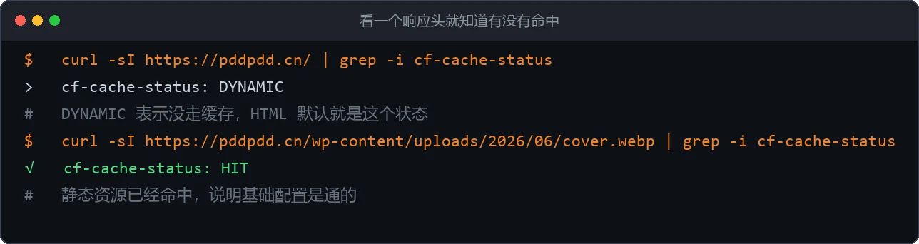 curl 查看 cf-cache-status 响应头的命令行截图