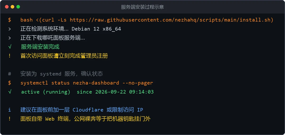 哪吒面板服务端安装与状态检查命令