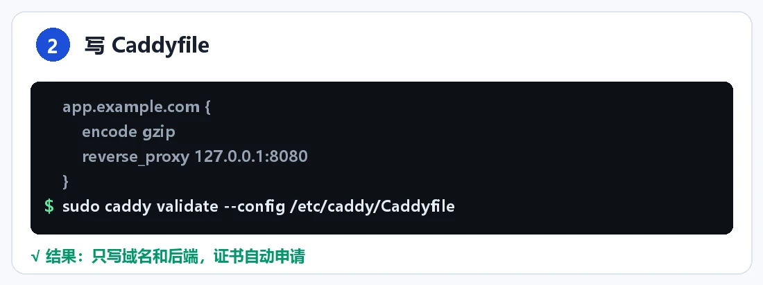 步骤 2:写 Caddyfile