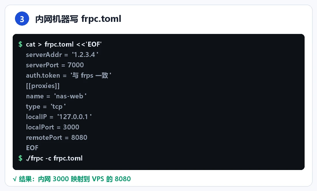 步骤 3:内网机器写 frpc.toml